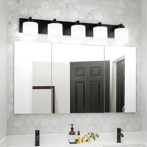 5 Light Black Bathroom Vanity Light with White Glass Shades