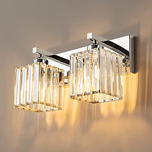 Modern 2 Light Chrome Crystal Bathroom Vanity Wall Light