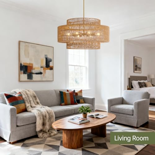 30" Rattan Chandelier for Dining Room