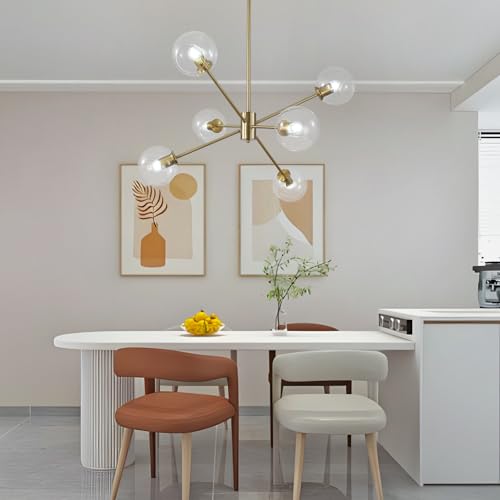 6 Lights Mid Century Modern Clear Glass Globe Sputnik Chandelier Brushed Gold Sputnik Light Fixture Vintage Large Brass Pendant Lights Kitchen Island Farmhouse Living Dining Room Ball Chandelier