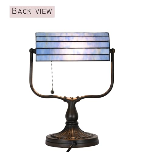 TL0031 Tiffany Banker Desk Lamp Stained Glass Blue Baroque Shade with Vintage Bronze Base W10.25 X OH13 Inch. Perfect for Piano Kitchen Beside Table