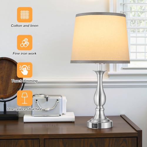 Bedside Table Lamp Touch Control Bedroom Lamps with USB A + C Charging Port 3 Way Dimmable Touch Lamps for Nightstand Living Room Bedroom Dorm Home Office Reading (2 Count)