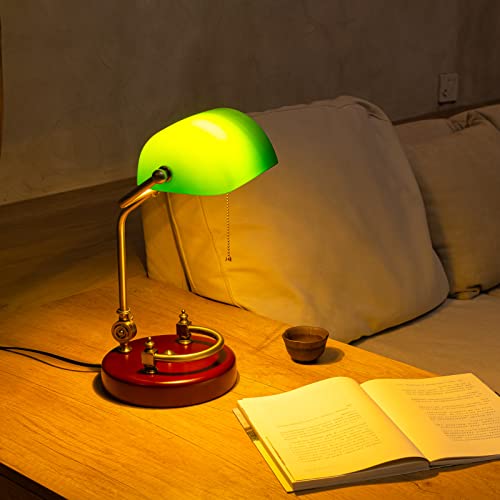 Bankers Lamp Traditional Green Glass Desk Lamp Solid Wood Pull Chain Switch