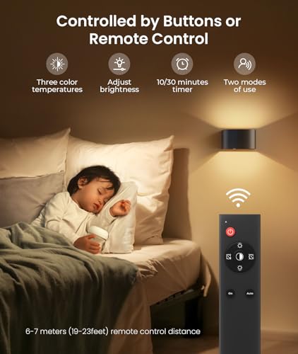 Motion Sensor Wall Light with Remote Control 3 Colors Wireless Wall Lamp LED Indoor Up and Down Wall Sconce 5000mAh Rechargeable Battery Powered Wall Lamps Brightness Adjustable (2 Count)