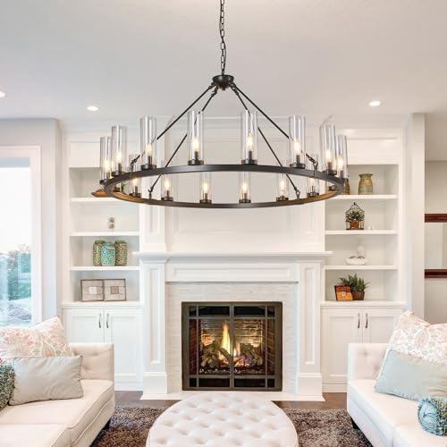 16 Light Large Wagon Wheel Chandelier with Clear Glass Shade Black Round Pendant Light Farmhouse Industrial Chandeliers Dining Room Light Fixture for Stair Living Room Foyer Kitchen