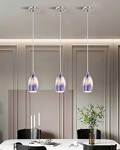 Dark Blue Glass Mini Pendant Lights for Kitchen Island 3Pack Blown Art Glass Pendant Lighting Shade Hanging Pendant Lights with Brushed Nickel Finish for Kitchen Over Sink