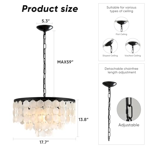 4 Light Black Capiz Shell Coastal Chandeliers for Dining Room