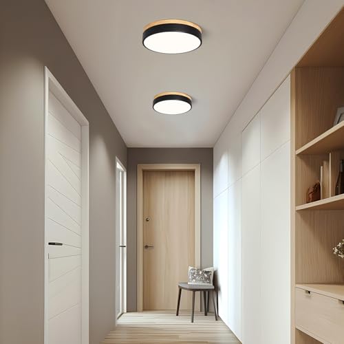 Dimmable LED Wood Black Round Flush Mount Ceiling Light 11.81 Inch