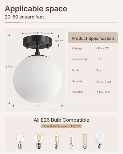 Semi Flush Mount Ceiling Light 6" Globe Mid Century Modern Light Fixture Milk Glass with Matte Black Finish Light Fixtures for Hallway Entryway Kitchen Island Closet Laundry Bathroom