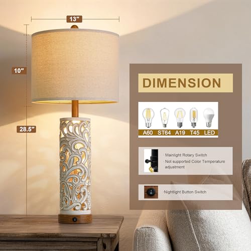 2-in-1 Light Table Lamp Set of 2 for Living Room, 28.5" Farmhouse Bedside Lamps with USB Charging Port, Main&Night Light & Dual Switches, Nightstand Lamp for Bedroom Home Office(Bulb Included) (2 Count)