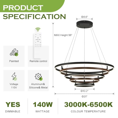 5 Rings LED Chandelier Black Dimmable Circular Pendant Light for Dining Room