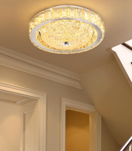 11.8" Modern Mini Crystal Chandelier Dimmable LED Flush Mount Ceiling Light with Remote Control for Bedroom Hallway Dining Room Silver
