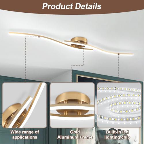 28W Linear Ceiling Light Gold Modern LED Ceiling Light Fixture 6000K Aluminum 39.37Inch Long Ceiling Lamp for Hallway