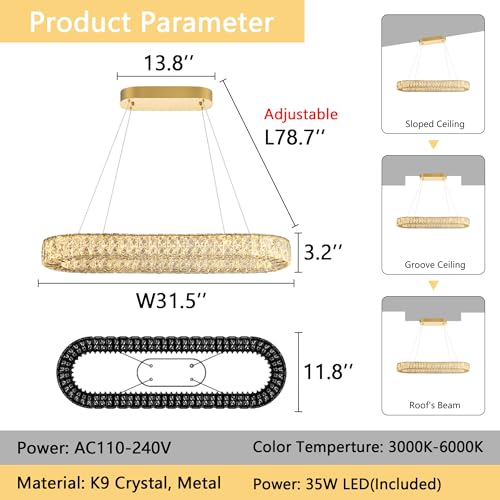 Modern Crystal LED Chandelier Dimmable Oval Chandeliers Rectangular Dining Room Light Fixture with Remote for Living Room Kitchen Island Gold