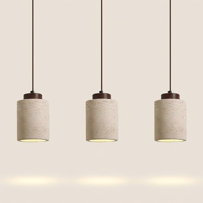 Set of 3 Japanese Travertine Hanging Lamps, Cylinder Natural Stone Pendant Lights Kitchen Island Adjustable Small Chandelier for Dining Room Bedside(Walnut,11cm/4.33in)