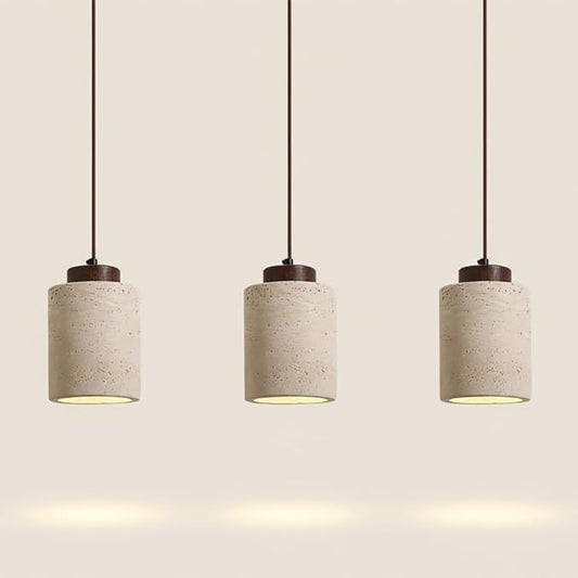 Set of 3 Japanese Travertine Hanging Lamps, Cylinder Natural Stone Pendant Lights Kitchen Island Adjustable Small Chandelier for Dining Room Bedside(Walnut,11cm/4.33in)