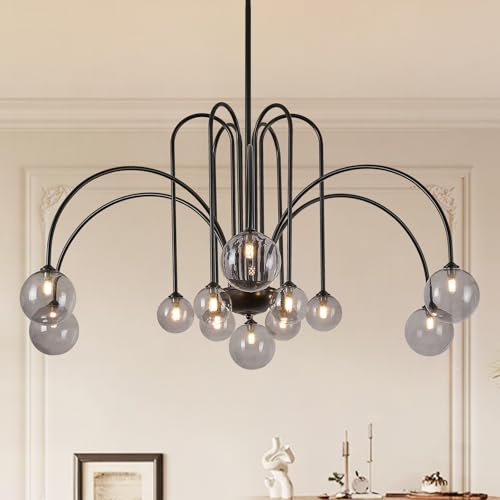 Black Sputnik Chandelier with Smoke Glass Globe 12 Lights L52 Inch