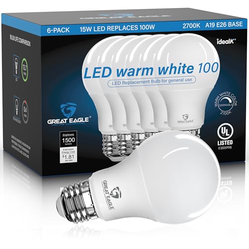 100W LED Light Bulb Equivalent 1500 Lumens A19 Warm White 2700K Dimmable UL Listed (6 Count)