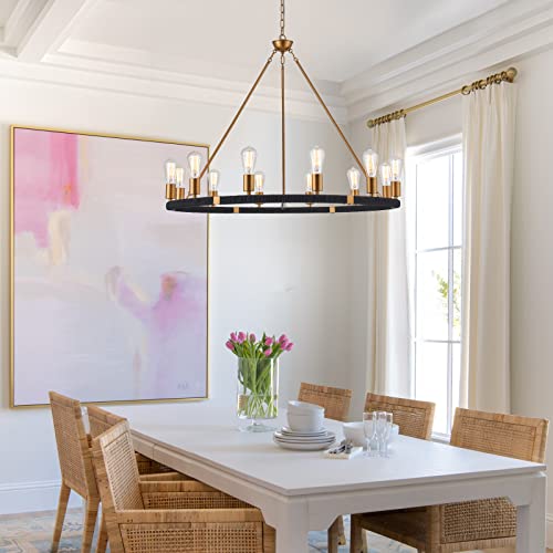 12 Lights Wagon Wheel Chandelier Bohemia Black Hand Woven Rattan Chandelier Farmhouse Large Brass Pendant Light for High Ceilings Living Room Dining Room