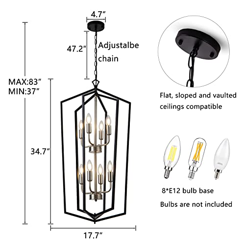 8 Light Lantern Tired Farmhouse Ceiling Hanging Light Black Chandelier Metal Modern Pendant Light Fixtures for Kitchen Island Dining Room Living Room Foyer Entryway