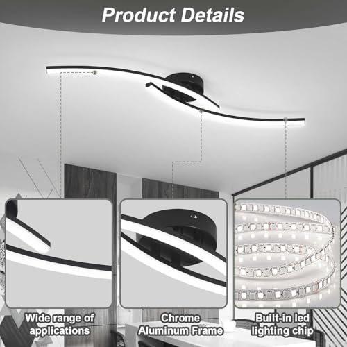 Modern LED Ceiling Light 22W Black Linear Ceiling Lights Fixture 6000K Aluminum 31.4Inch Long Flush Mount Ceiling Light Fixture Lamp for Bedroom Hallway Kitchen Bathroom (2 Count)