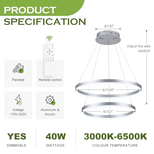 2 Rings Modern LED Chandelier Silver for Dining Room (2 Count)