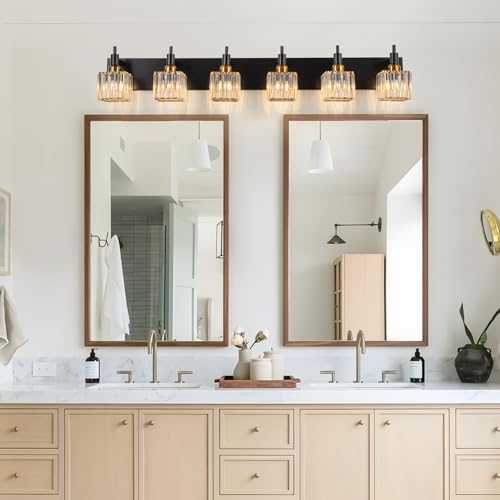 6 Lights Crystal Bathroom Vanity Light Black Gold Modern Bathroom Lighting Fixtures Over Mirror