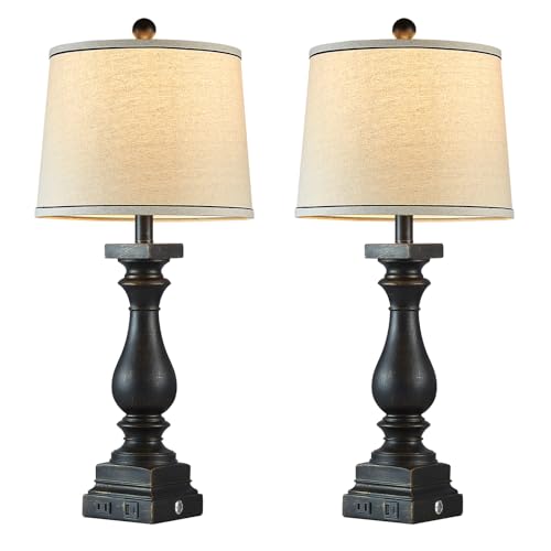 28" Tall Farmhouse Table Lamps Set of 2 with USB C+A Ports and AC Outlet (2 Count)
