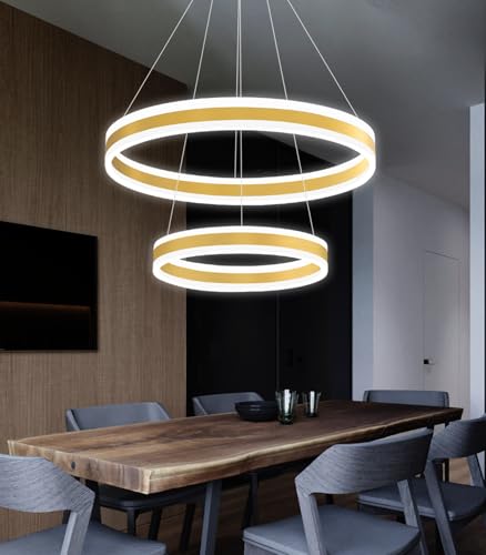 D15.7''+23.6'' Modern Ring Chandelier for Dining Room LED Dimmable Pendant Lighting for Living Room Foyer Bedroom Entryway 3000K