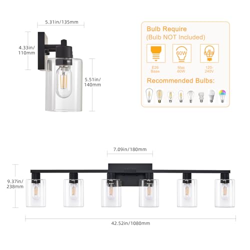6 Light Bathroom Vanity Light Black Vanity Lights for Bathroom Light Fixtures Matte Black 6 Light Fixtures with Clear Glass Shades for Bath Over Mirror