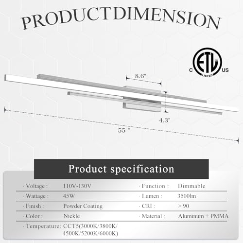 55 Inches Nickel LED Modern Bathroom Vanity Light Fixtures Dimmable 5CCT Vanity Light Bar Over Mirror 3