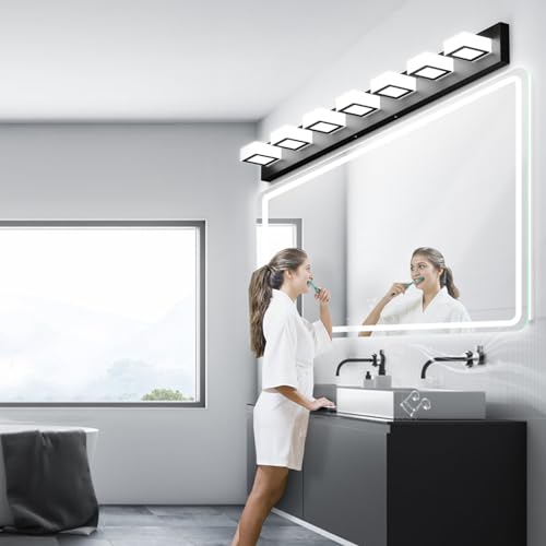 46inch Matte Black Vanity Lights 7 Lights Dimmable 5 Color Temperature Acrylic Modern LED Black Vanity Lighting for Bathroom