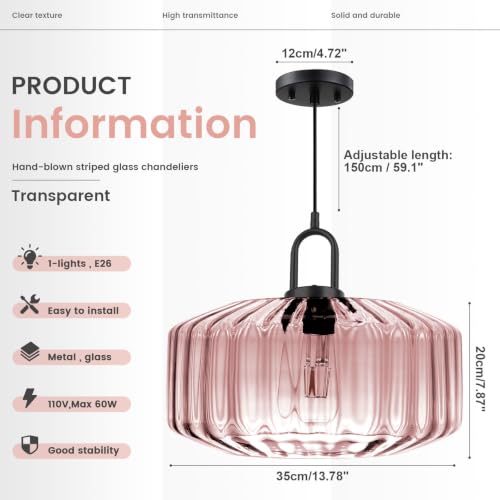 Large Glass Pendant Light Ribbed Pink Ceiling Hanging Light Fixture