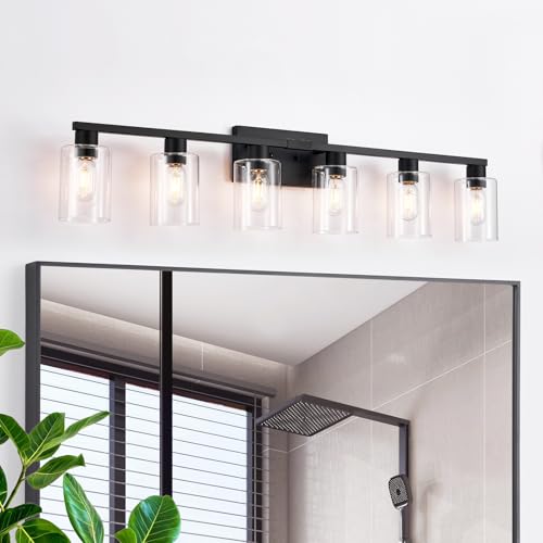 6 Light Bathroom Vanity Light Black Vanity Lights for Bathroom Light Fixtures Matte Black 6 Light Fixtures with Clear Glass Shades for Bath Over Mirror