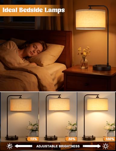 Brown Table Lamp for Bedroom with USB Port and Outlet