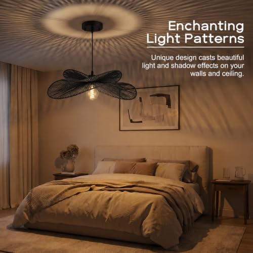 22.8" Large Rattan Pendant Light (Black)