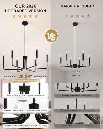 Black Chandelier for Dining Room, Modern 6-Light Farmhouse Chandeliers Lighting Fixture, Dimmable Industrial Pendant Lamps for Kitchen Island Living Room Bedroom Foyer Entryway