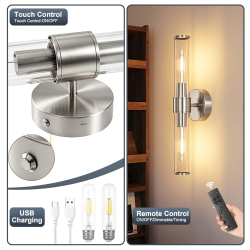 Brushed Nickel Battery Operated Wall Sconces Set of 2