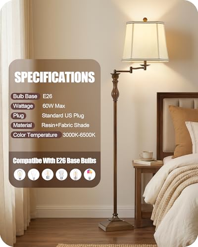 62" Floor Lamp for Living Room with 350°Adjustable Swing Arm (Brown)