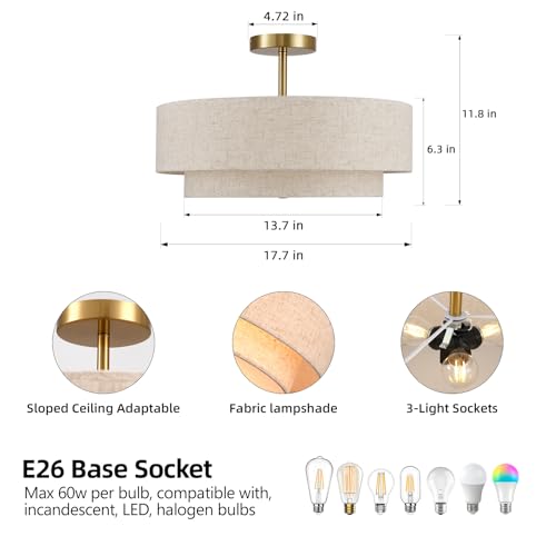 18" Semi Flush Mount Ceiling Light with Fabric Lampshade Modern Drum Ceiling Lamp Gold Ceiling Light Fixture for Dining Room Kitchen Bedroom Living Room