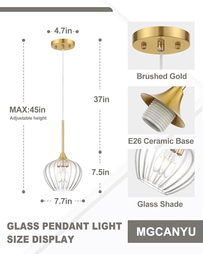 2 Pack Brushed Gold Pendant Lights Kitchen Island with Ribbed Glass Shade (2 Count)