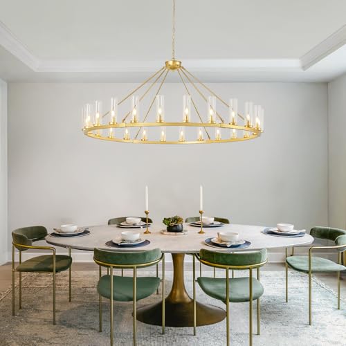 24 Light Large Wagon Wheel Chandelier with Clear Glass Shade Gold Round Pendant Light Farmhouse Industrial Chandeliers Dining Room Light Fixture for Stair Living Room Foyer Kitchen