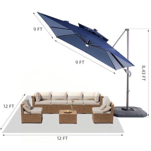 9x9 FT Cantilever Offset Patio Umbrella with Lights & Base