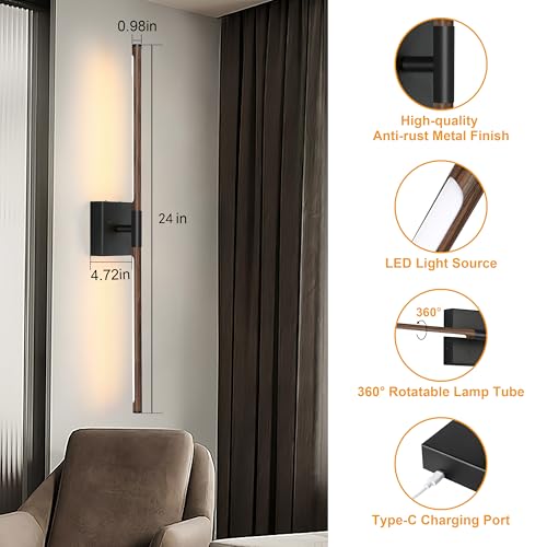 Walnut Black Battery Operated Wall Sconces Set of 2 with Remote
