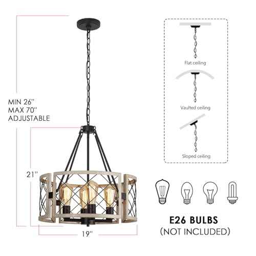 SANTOSTOCK D19'' Farmhouse Chandelier, 4-Light Adjustable Dining Room Light Fixture Kitchen Island Lighting, Rustic Hanging Lights for Entryway Foyer Bedroom Living Room, Black & White Oak