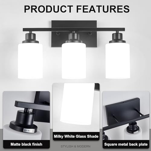 3 Light Black Bathroom Light Fixture Over Mirror