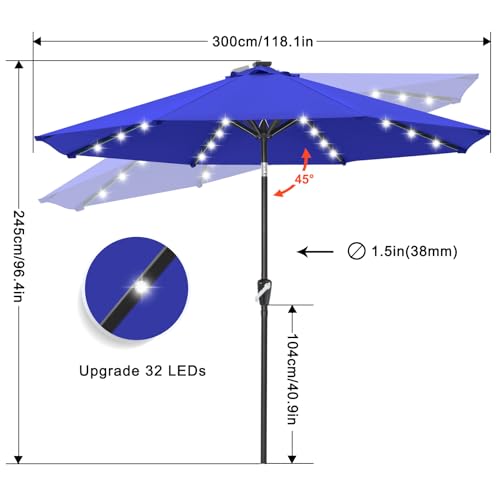 Solar Led Patio Umbrella with 32 Lights 11FT