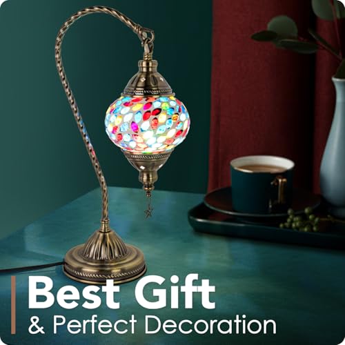 Turkish Moroccan Lamp with Bronze Base 3 Color Options Handmade Swan Neck Mosaic Glass Bedside Lamps for Bedroom