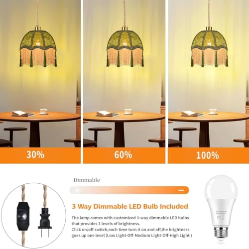 Boho Plug in Pendant Light Rustic Hanging Lights with Plug in Cord & Flower Lampshade (Green-tassels / 11.3)