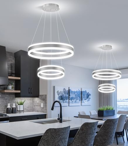 D7.8''+15.7'' Modern Ring Chandelier for Dining Room LED Dimmable Pendant Lighting for Living Room Foyer Bedroom Entryway 3000K